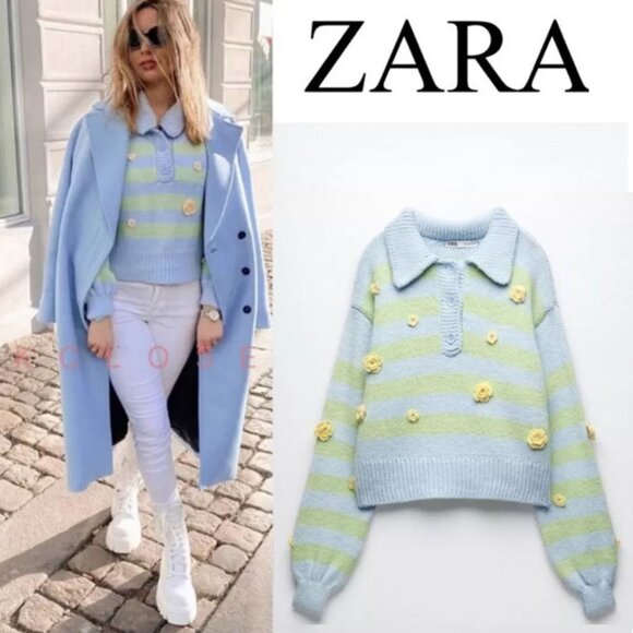 Zara Sweaters - Zara Crochet 3D Floral Embroidered Striped Polo Collared Sweater L Blue Fairy
